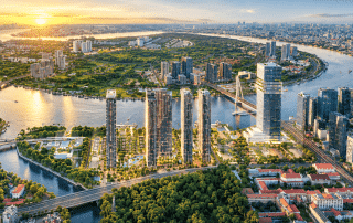 Toàn cảnh Grand Marina Saigon vươn mình bên bờ sông Sài Gòn lịch sử. Dự án sở hữu quy mô hàng đầu thế giới của thương hiệu Marriott International, hứa hẹn trở thành biểu tượng kiến trúc xa xỉ mới tại TP.HCM.