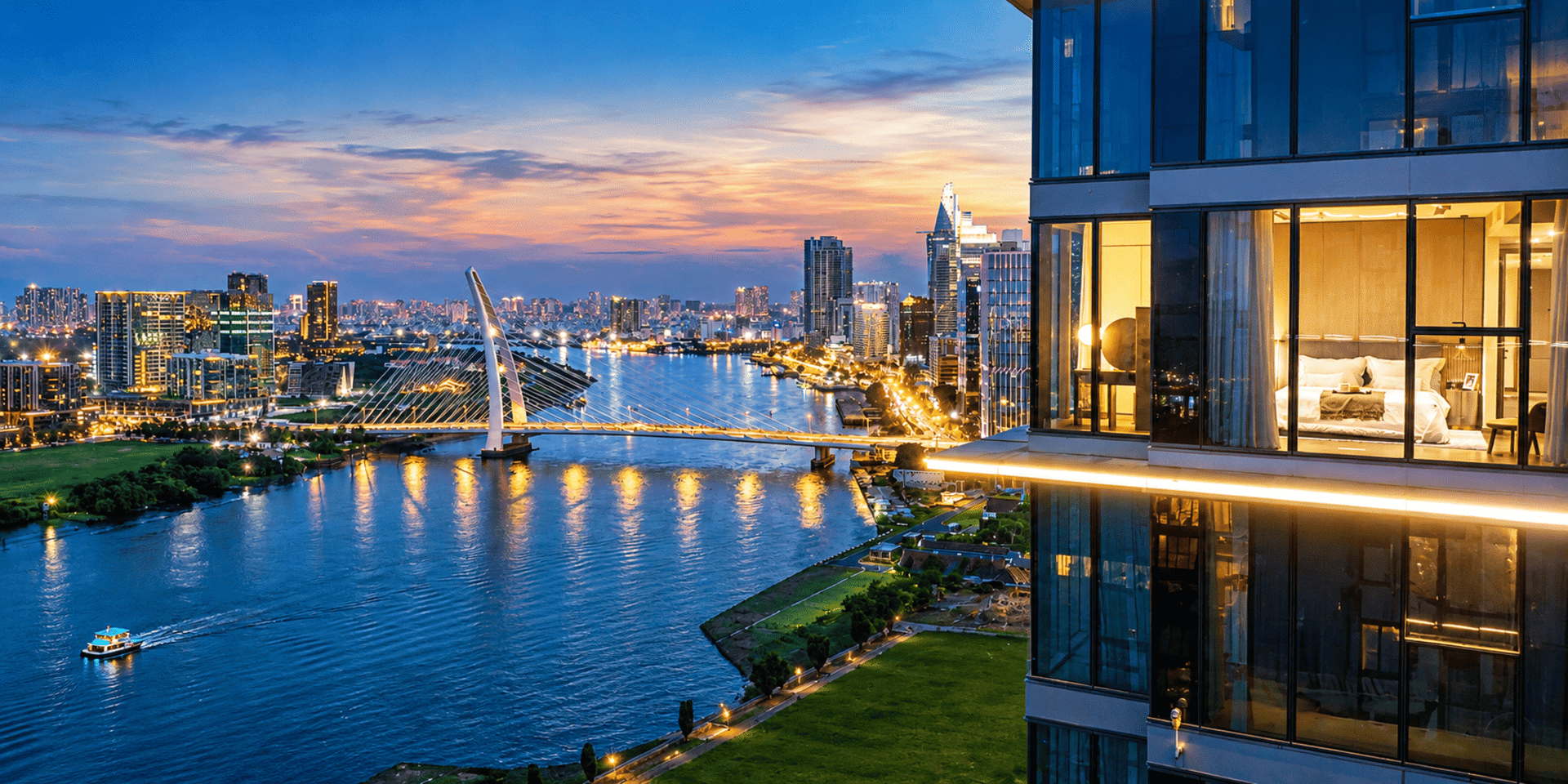 Ban công rộng mở từ căn hộ Grand Marina Saigon đón trọn làn gió mát lành và tầm nhìn toàn cảnh sông Sài Gòn. Nơi gia chủ thư thái thưởng ngoạn cảnh sắc lung linh của thành phố mỗi khi hoàng hôn xuống.